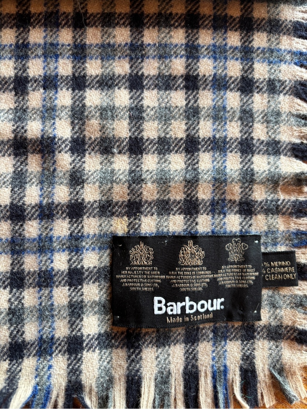 Barbour Plaid Merino Cashmere Scarf in Blue, Tan and Black